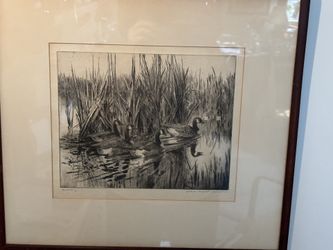 Framed  Etching Signed By Artist Geese In Marsh