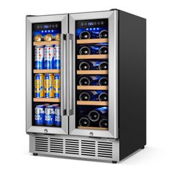 24" Dual Zone Wine and Beverage Refrigerator, Under Counter with Glass Door 18-Bottle 88-Can capacity, Fast cooling, LED blue light, Temp control, Ene