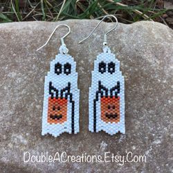 Beaded Trick Or Treat Ghost Earrings, New, Handmade By Me