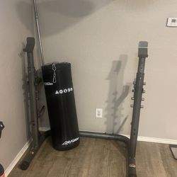 Boxing Bag. Olympic Weider Rack. Standard Weight Bar.also Bench