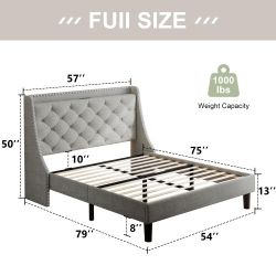  Full Size Bed Frame with Luxury Wingback Headboard