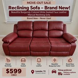 Brand New Burgundy 3-Seat Manual Reclining Sofa – Never Used