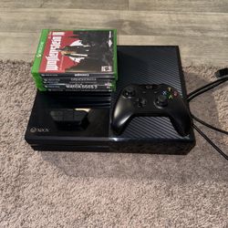 Xbox one with controller, headset adapter, and 5 games 