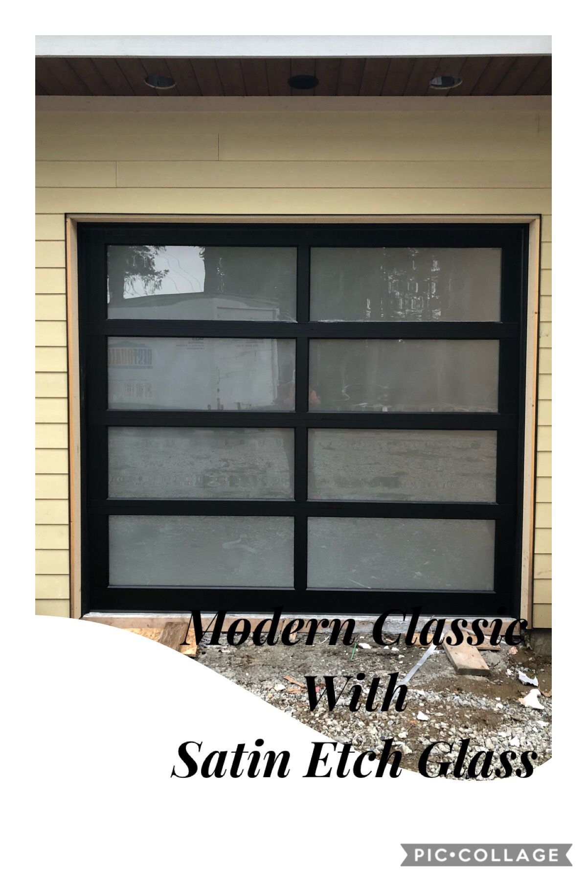 8x7 Garage Doors Modern Classic Black frame Satin etch glass standard track 12radius torsion spring black vinyl