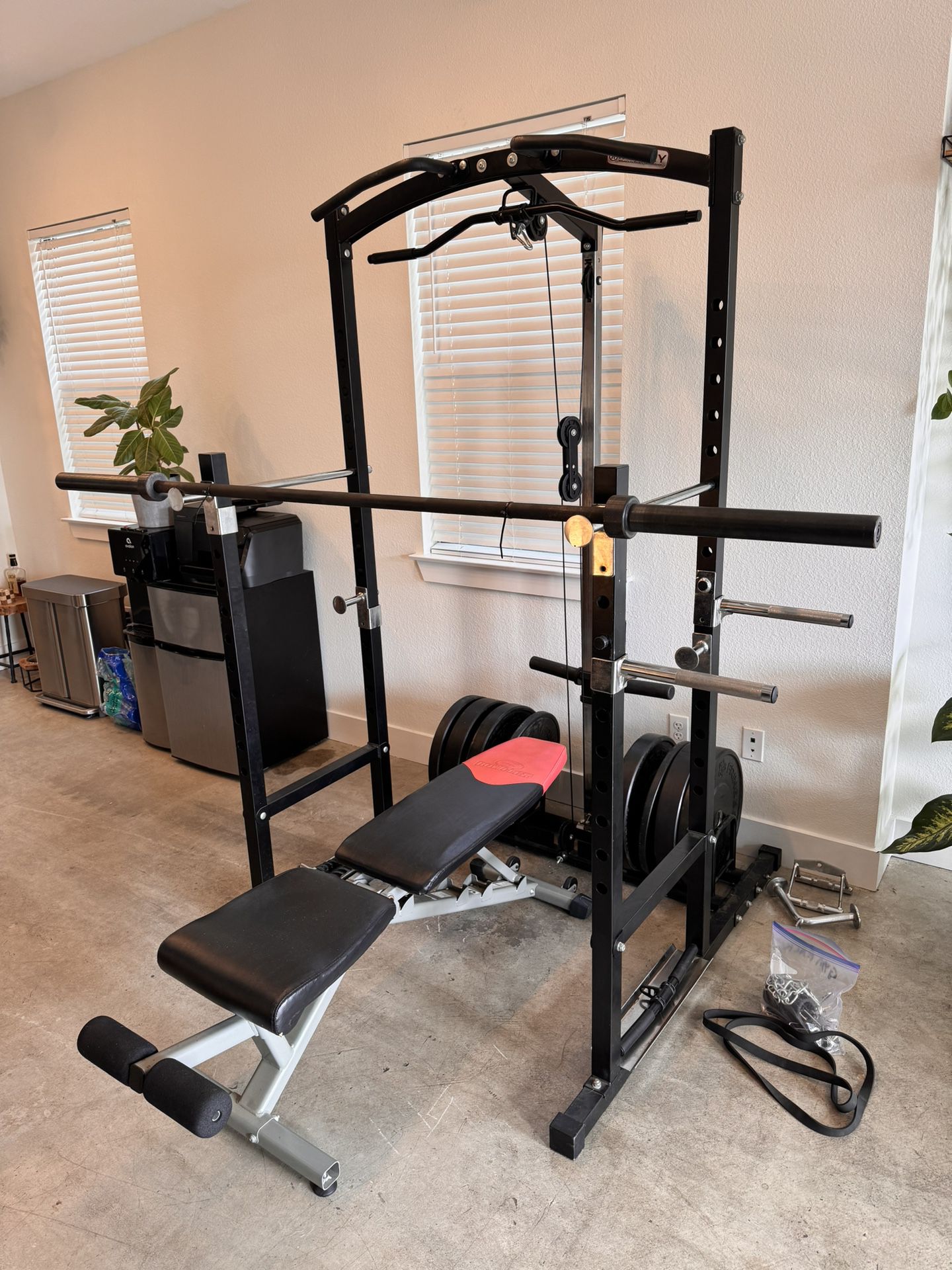 Weight Rack With Weights And Pull Cable System