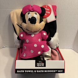 Disney Pink Minnie Mouse Bath Towel 25”x50” & Sponge Set  - Bath Buddy 4”x12”