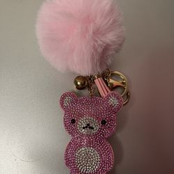 Pink And Silver Bedazzled Bear Keychain 