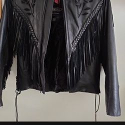 Genuine Leather Motorcycle Jacket With Rose Imprints And Fringe All Over 