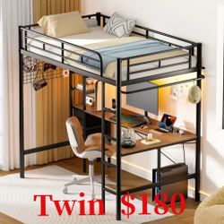 Twin Metal Loft Bed with L-Shaped Desk, Loft Bed Frame with Charging Station, Storage Bed with 2 Drawers & Open Shelf, Safety Guard & Ladder