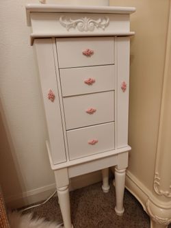 White Jewelry Armoire with Rose Hardware