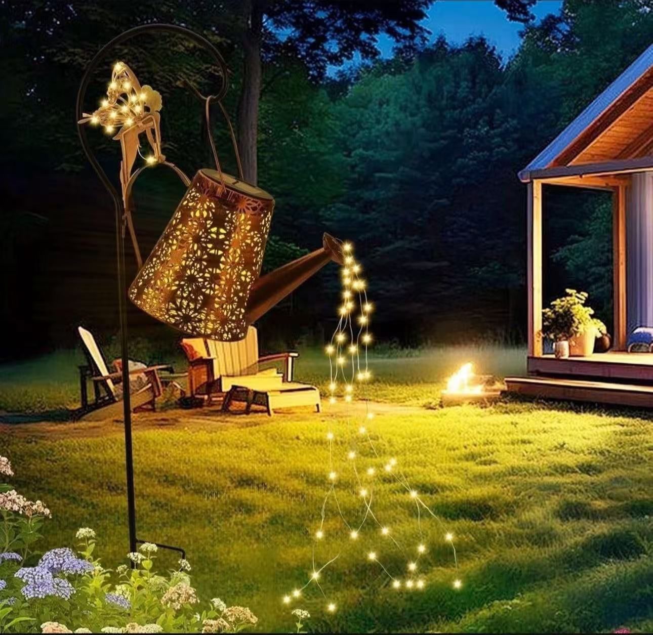 Solar Watering Can with Waterfall Lights Waterproof Garden Lights Metal Hanging Lantern Solar Garden Decor with Fairy Lights for Lawn Pathway Landscap