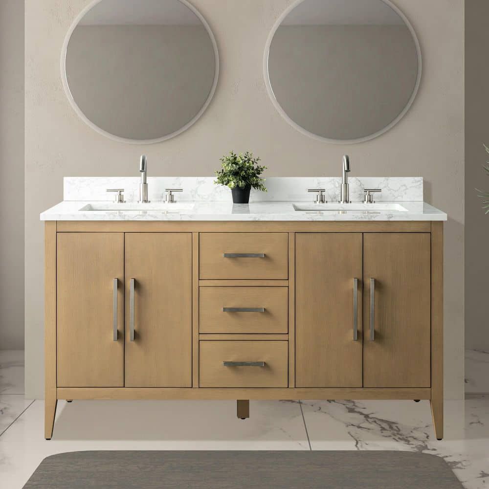 Vanity Art 60 in. W x 22 in. D x 38 in. H Double Sink Bath Vanity in Natural Oak with Engineered Marble Top