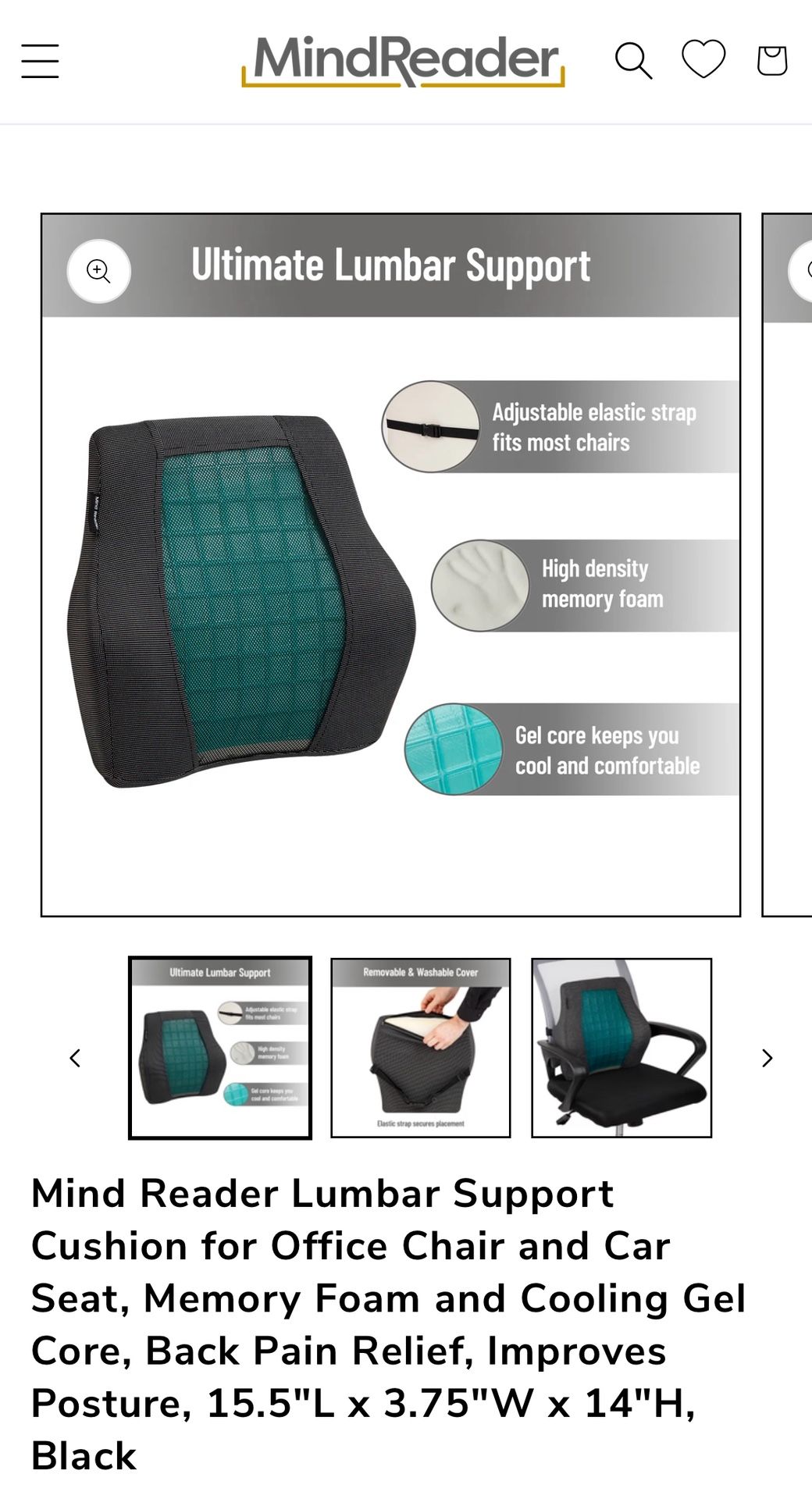 Mind Reader Lumbar Support Cushion for Office Chair and Car Seat, Memory Foam and Cooling Gel Core, Back Pain Relief, Improves Posture