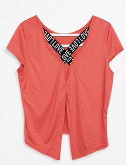 Coral Pink Open-Back Short-Sleeve Blouse Size M