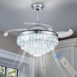  42'' Modern Crystal Ceiling Fans with Lights Invisible Fandelier,Silent Motor Ceiling Fan with Timer Memory Function Dimmable Fandelier for Bedroom D