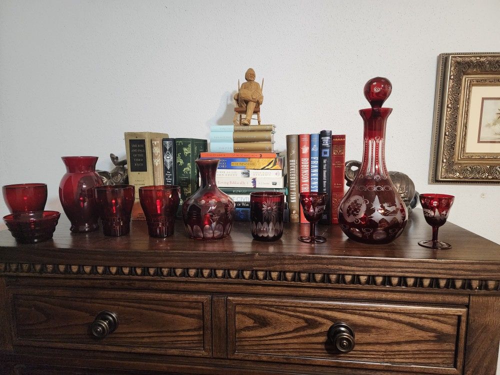 Antique Cranberry Glass Wine Stets (2)