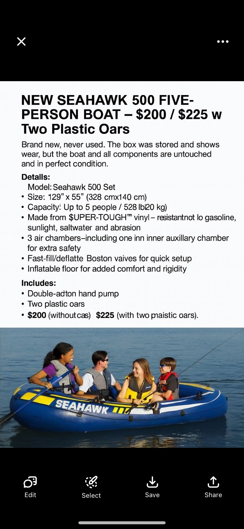 πΆ NEW SEAHAWK 500 FIVE-PERSON BOAT β $200 / $225 w/ Two Plastic Oars