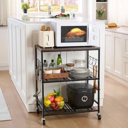3 Tier Rolling Microwave Cart with Storage, Kitchen Organizer on Wheels Wood and metal construction, kitchen pantry storage, coffee bar organizer, rol