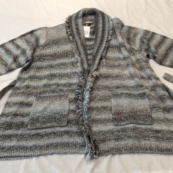 Women’s Blue & Gray  LOGO By Lori Goldstein Shawl Collar Fringe Cardigan Sweater Size 3x