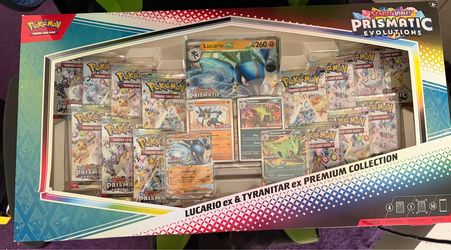 Brand new, factory sealed Pokémon Scarlet & Violet: Prismatic Evolutions Lucario ex & Tyranitar ex Premium Collection.