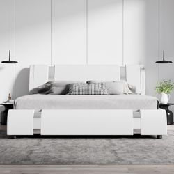 King Size Bed Frame with Iron Pieces Decor and Adjustable Headboard/Deluxe Upholstered Modern Platform Bed with Solid Wooden Slats Support/No Box Spri