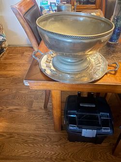 Vintage Silverplate Statement Punch Bowl with Engraved Presentation Tray & Wm. A. Rogers Serving Utensils- 4 Piece Entertainment Set