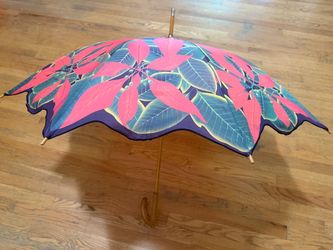 Vintage Poinsettia Print Long Stick Umbrella, Wooden Curved Hook Handle Sun & Rain Parasol