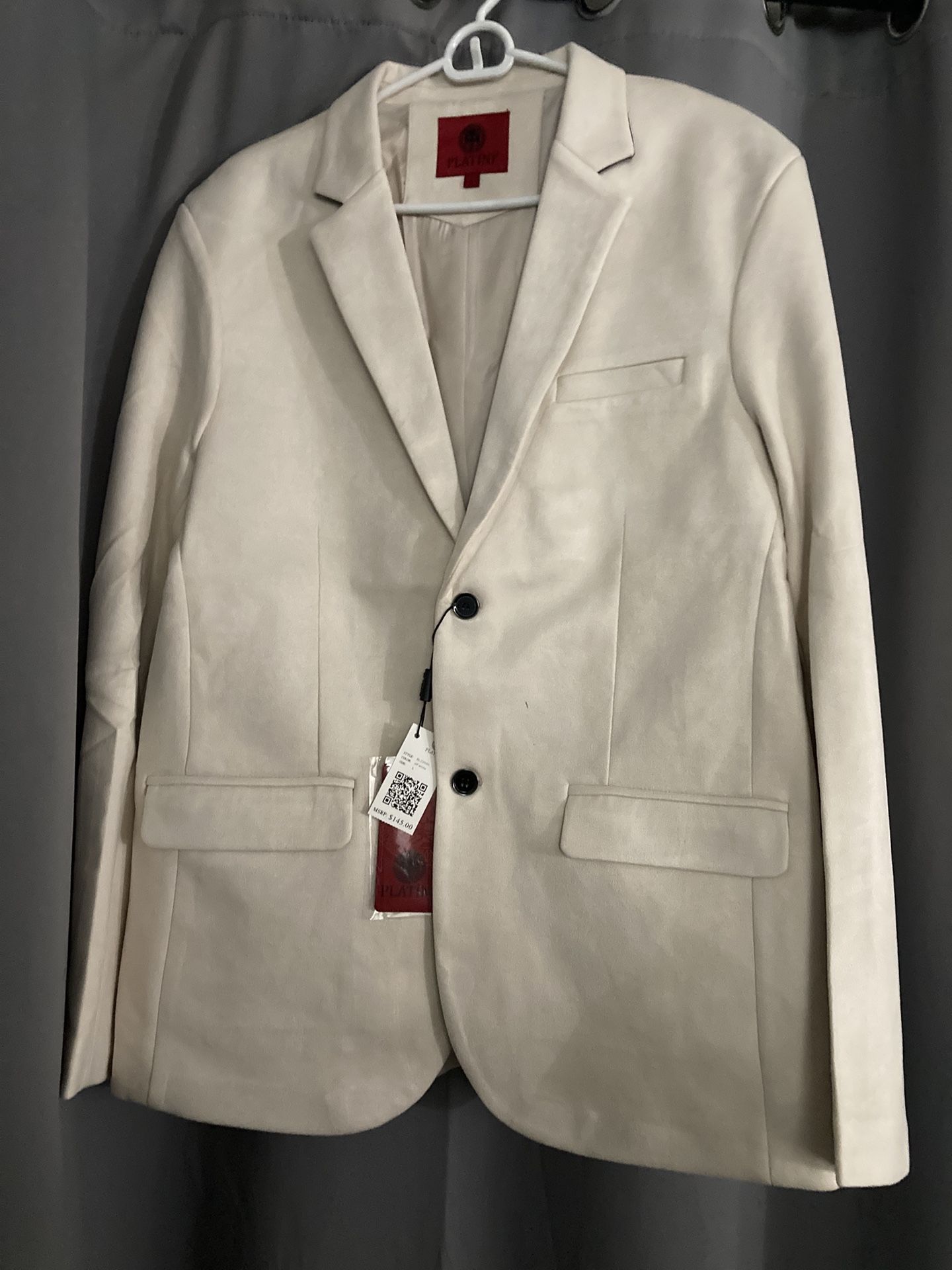 Platini Men's Double Button Off White Faux-suede Blazer