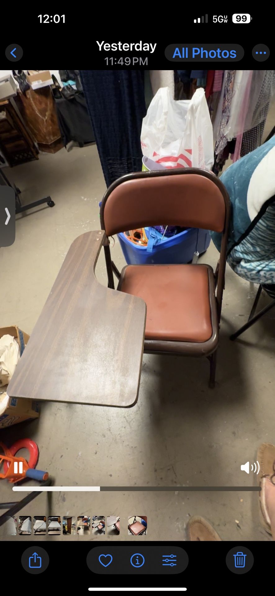folding metal desk chair with a tablet arm extension.  Just needs wiping down pick up Rosedale or airport Dr late afternoons 