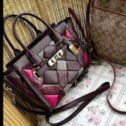 COACH Women's Pebble Coach Swagger Carryall Brown Rose Gray Patchwork Crossbody 