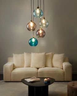 5-light hanging ceiling lamp with colored glass shades