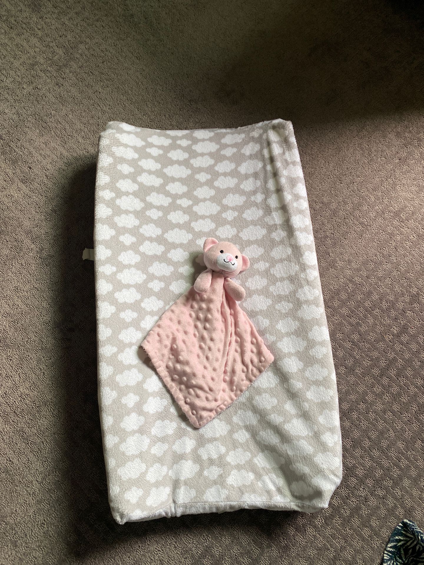 Baby Diaper Changing Pad with Washable Cloud Cover and Pink Bear Plush Stuffy
