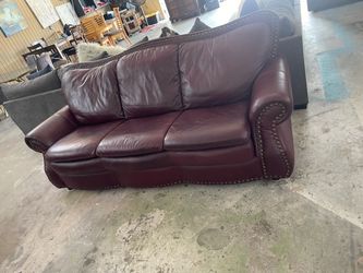 Burgundy Leather Sofa with Nailhead Trim