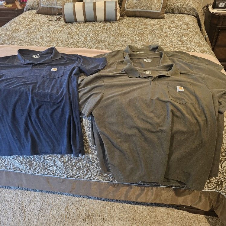 4 Carhartt 2xl Tall SS, 1 Columbia 1/3 zip 3 xlt Jacket, Hagger LS, Polo, PGA Tour 3xlt Polo.