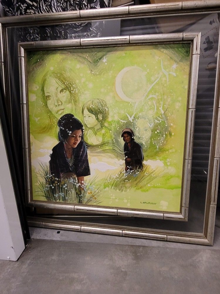 伝統的 日本画 大判 木製フレーム Vintage Japanese Painting Huge Frame Around Original Oil