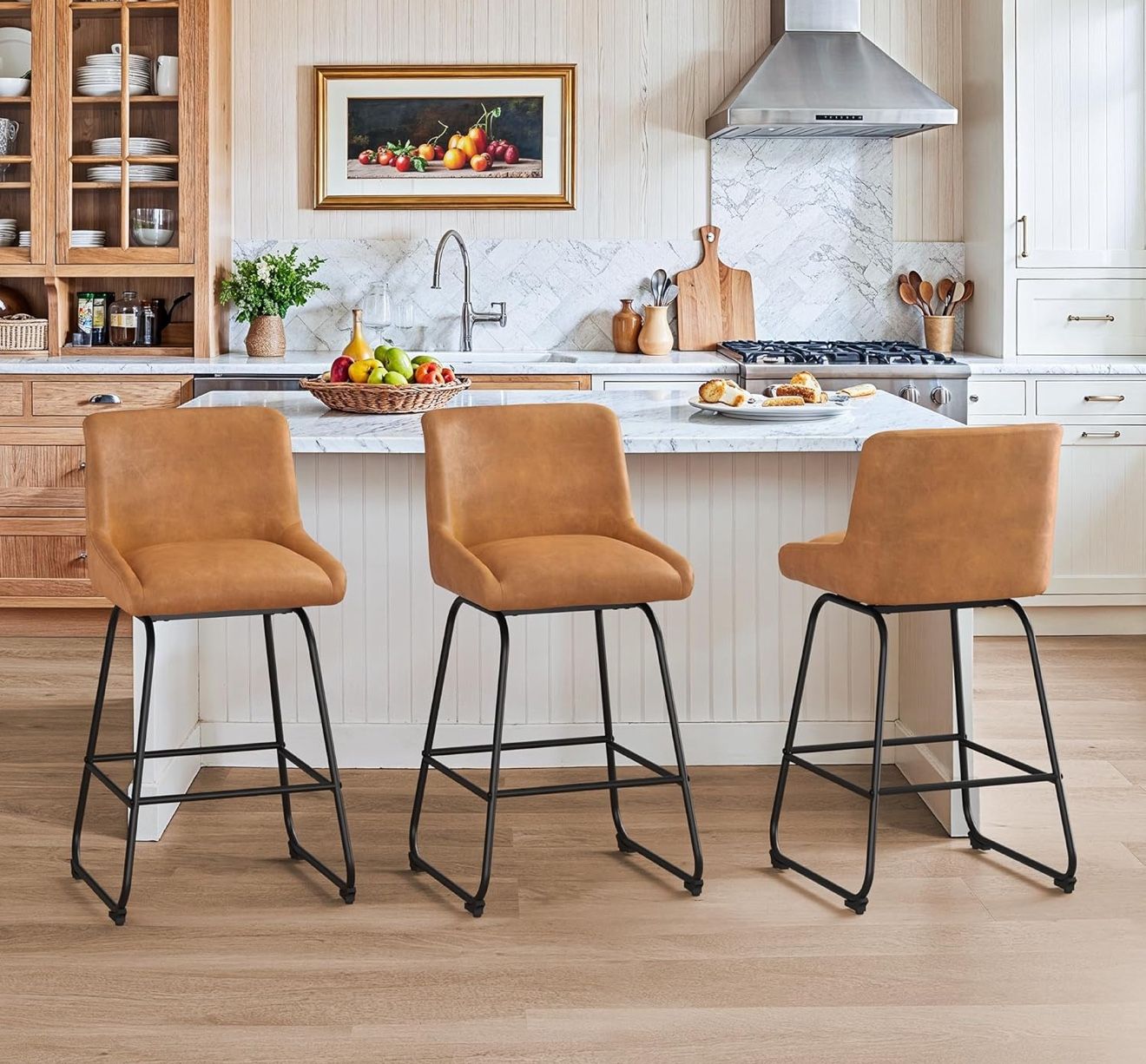 Swivel Bar Stools Set of 3, 26 Inch Upholstered Barstools with Backs, Modern Faux Leather Counter Height Bar Stool Chairs with Metal Legs and Footrest