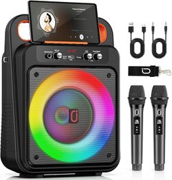 New In Box Karaoke Machine with 2 Wireless Microphones, Portable Bluetooth Karaoke Speaker for Adults, PA System Speaker with LED Lights Support REC/U