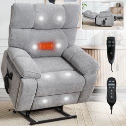 #248 Grey Heat Massage Dual Motor Infinite Position Up to 350 LBS Large Electric Power Lift Recliners with Hidden Cup Holders, Power-Remote, Medium-fi