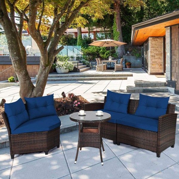 Set of 4 Rattan Outdoor Patio Furniture Conversation Set with Padded Sofa and Coffee Table