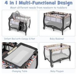 ✨️ $65 W#146 BABY JOY 4 in 1 Pack and Play, Portable Baby Playard with Bassinet, Adjustable Canopy, Changing Table, Lockable Wheels, Music Box, Travel