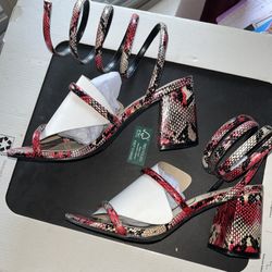 Red/ White Spiral Leopard Block Heels