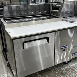 Polarman PLM-P44S 47 3/8" Refrigerated Pizza Prep Table with One Solid Full Door, (6) 1/3 Size Pans