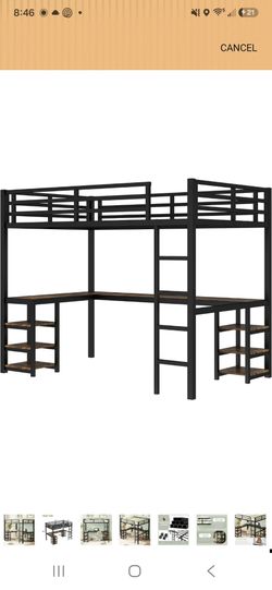 2 Metal Loft Beds Frame with Desk, Shelves & Chairs