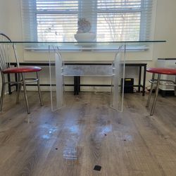 Midcentury Lucite Glass Dining table and mid century Cafe diner chairs