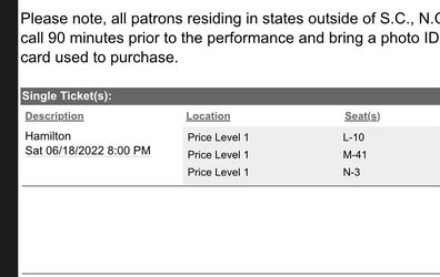 3 Hamilton Tickets 6/18/22 8 PM •PEACE CENTER• Thumbnail