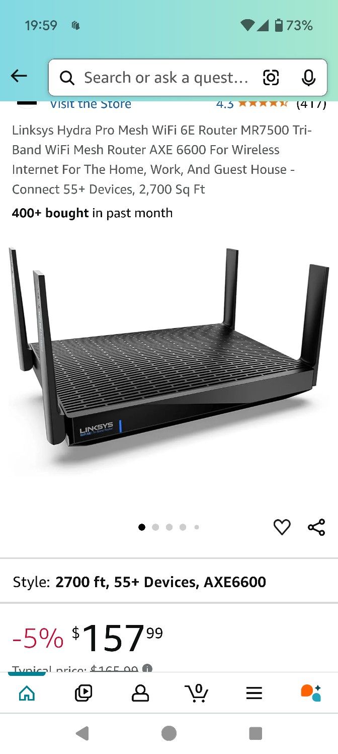 Linksys Hydra Pro Mesh WiFi 6E Router MR7500 Tri-Band WiFi Mesh Router AXE 6600