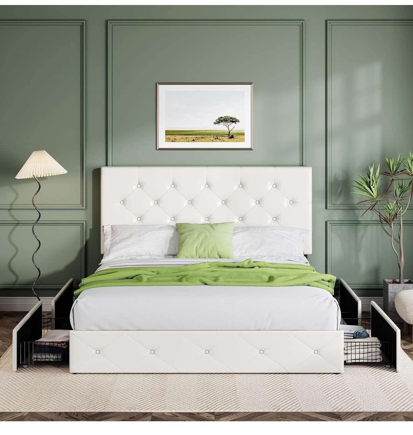 Upholstered Full Size Platform Bed Frame with 4 Storage Drawers White K-10