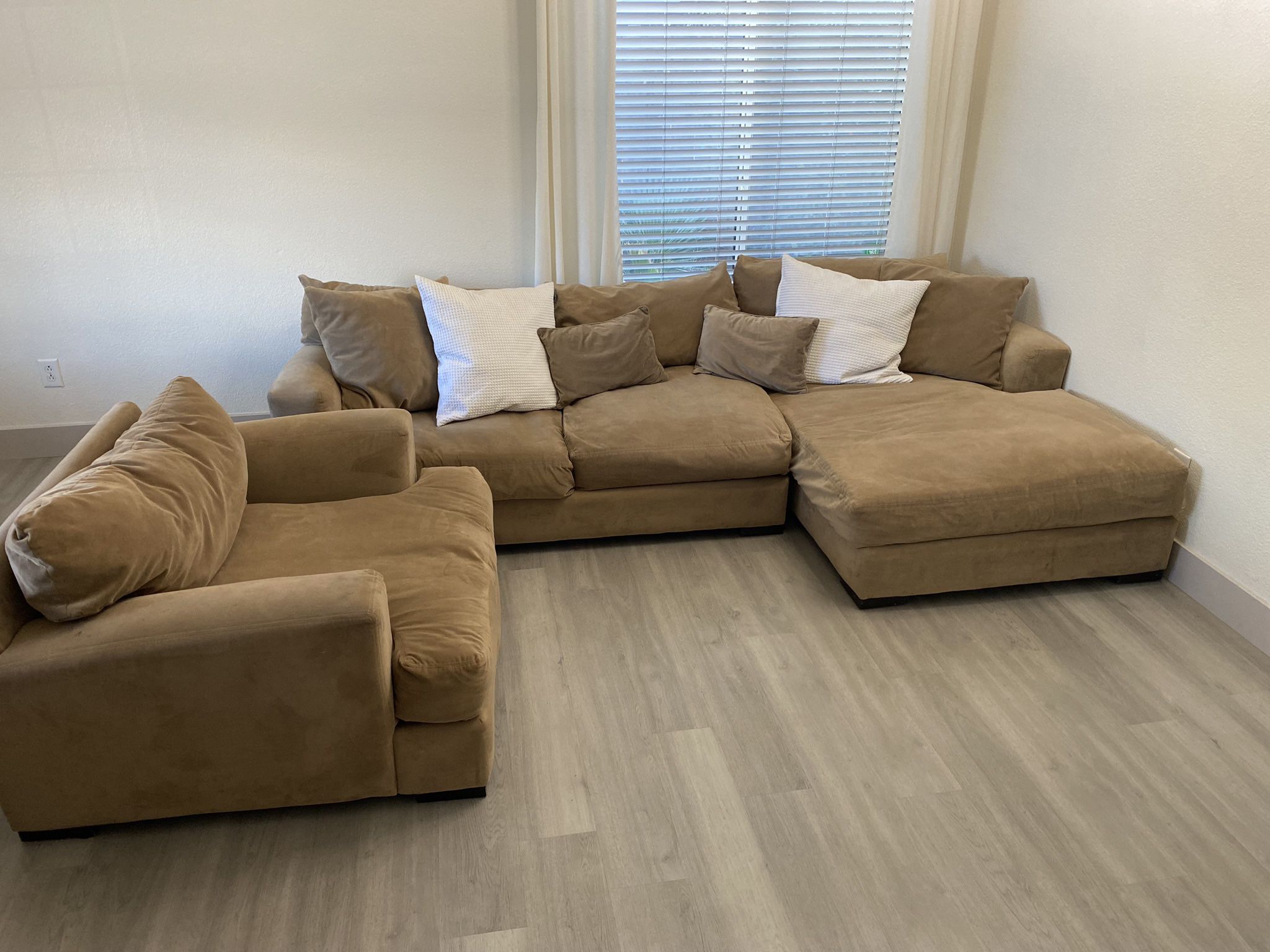 Tan Sectional Couch With Chaise & Arm Chair 