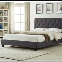 Brand New In Box Queen Size Dark Grey Linen Upholstered Bed With Mattress. Assembly Required, We Can Deliver, Cama Con Colchon.