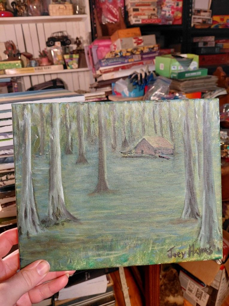 Tranquil Woodland Cabin Canvas Art 10 X 8" Oil Painting- Hand Painted